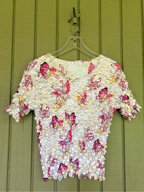VTG Y2K Win Win Popcorn Shirt Butterfly Print Crinkle Bubble Top One Size OSFM